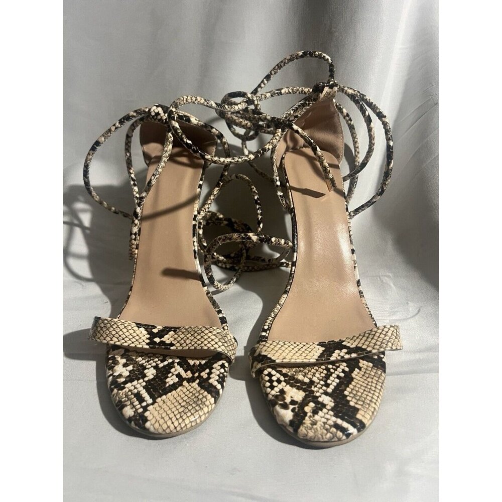 1 Snake Print High Heel Pump Sandals Stiletto Shoe Beige Strappy Ankle Tie…